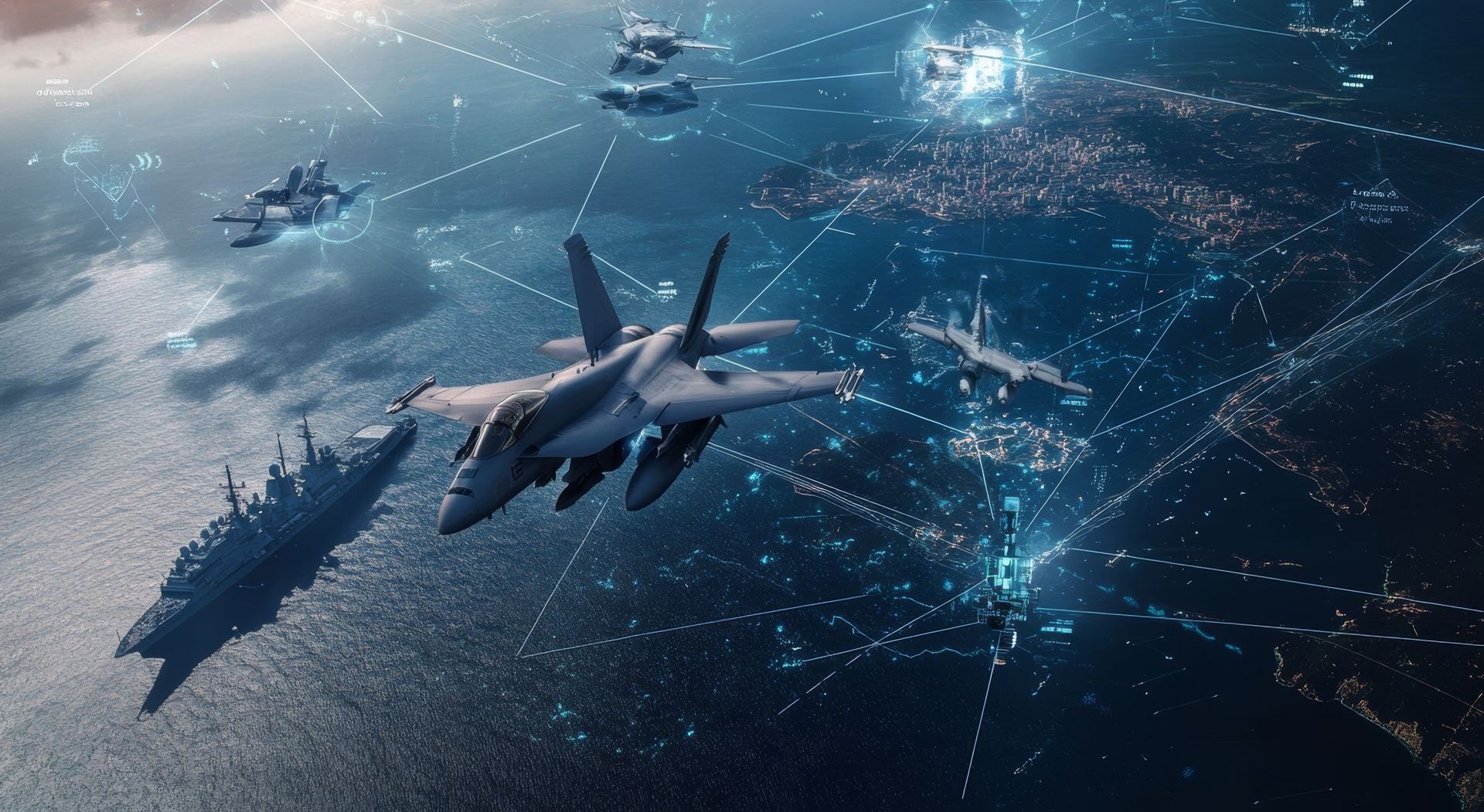 A group of fighter jets are flying over a large body of water.