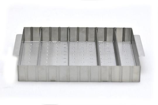 A stainless steel tray with handles on a white background.