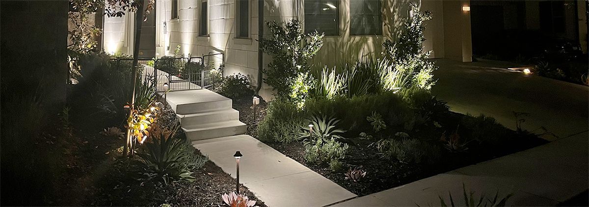 A lit walkway leading to a building at night, with landscaped greenery on either side.