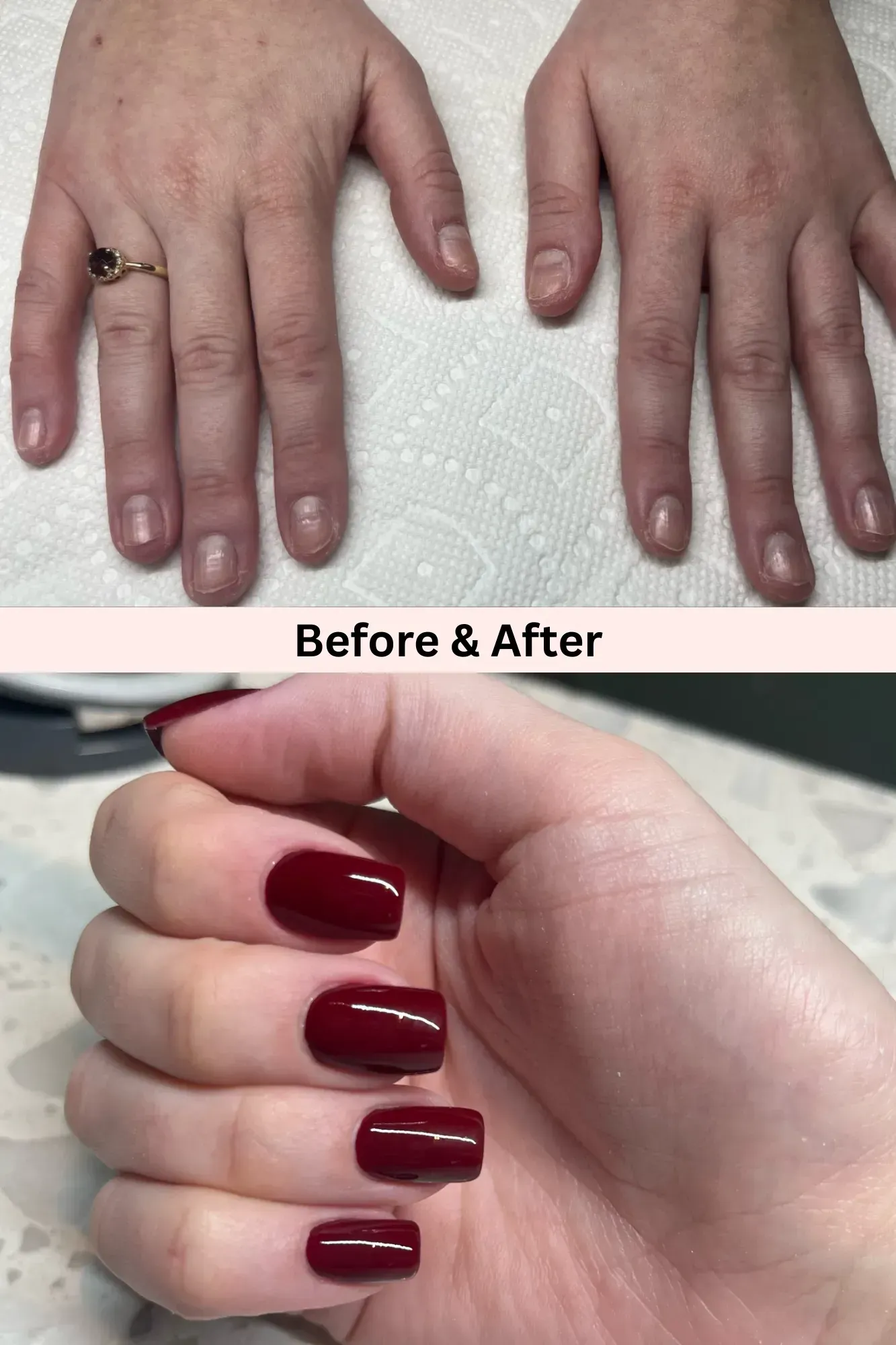 Before and after of bare hands to red nail polish hands.