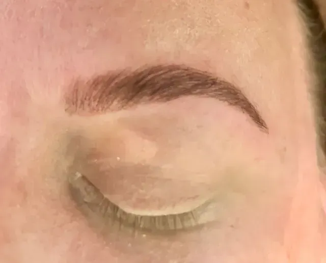 Brown, arched eyebrow over a closed eye. The skin around the eye is light-toned.