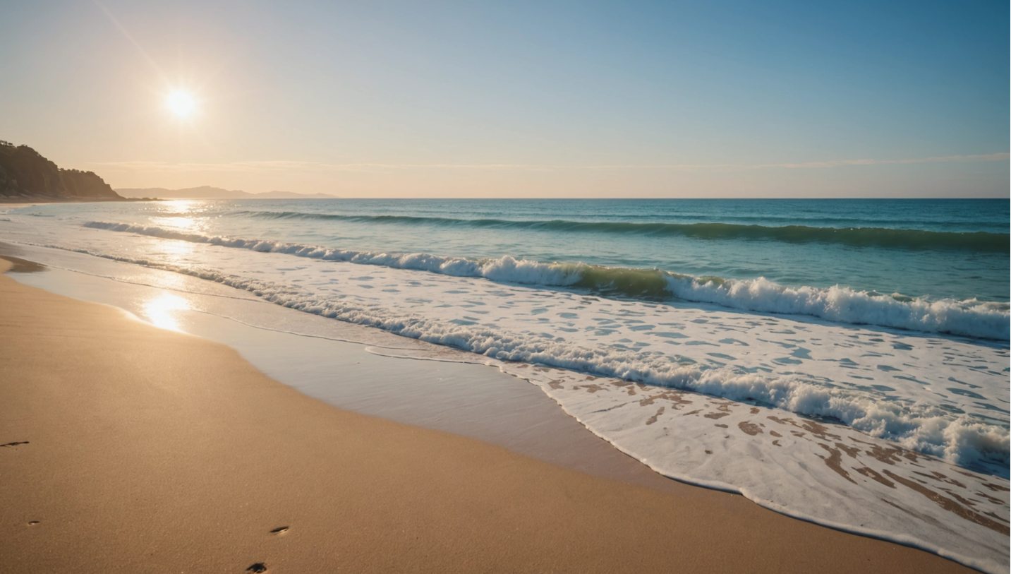 Sandy beach with waves crashing under a bright sun.
