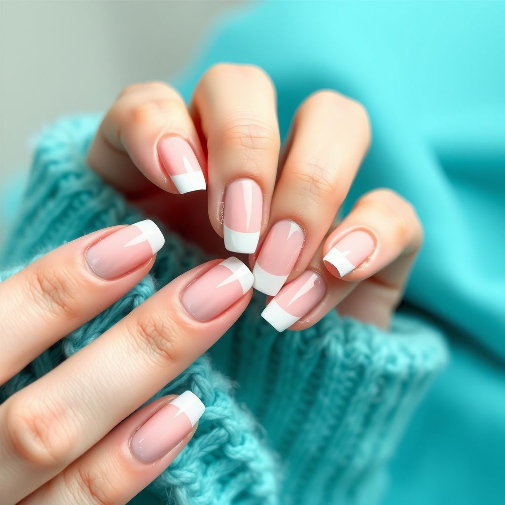 Manicure with white tip being painted, hands in gloves holding nail and brush.