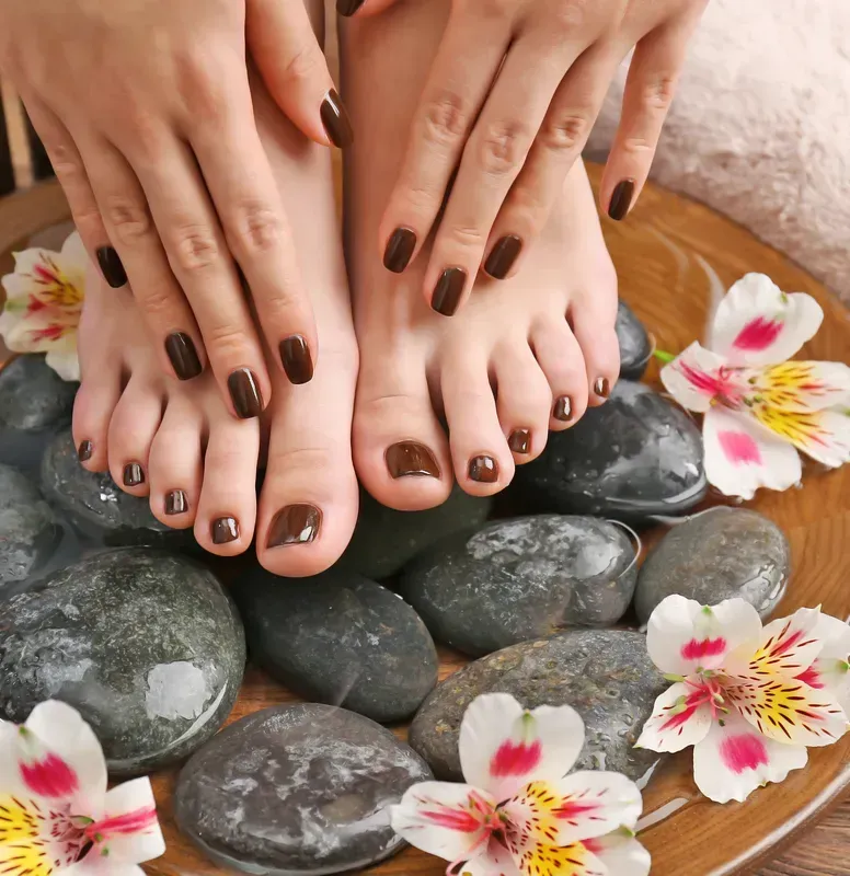 Hands and feet with dark brown nail polish resting on stones, surrounded by flowers.