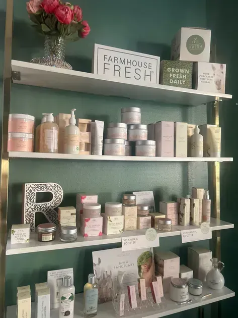 Shelves displaying various skincare products.