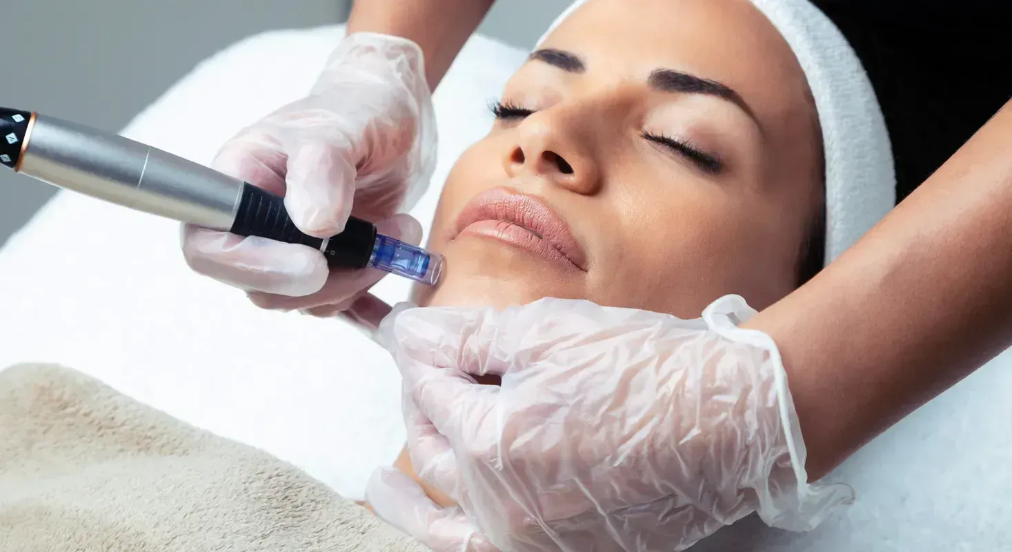 Woman receiving microneedling treatment on her chin.