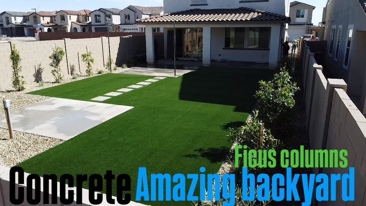 A suburban backyard featuring artificial turf, a concrete patio, stepping stones, and newly planted ficus columns.