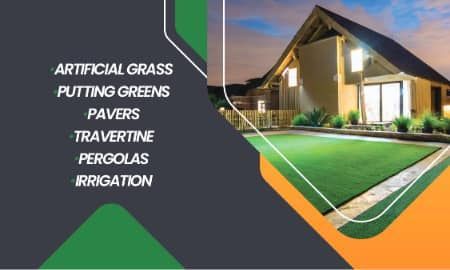 A business advertisement showing a modern house with a green lawn and a list of services including artificial grass.