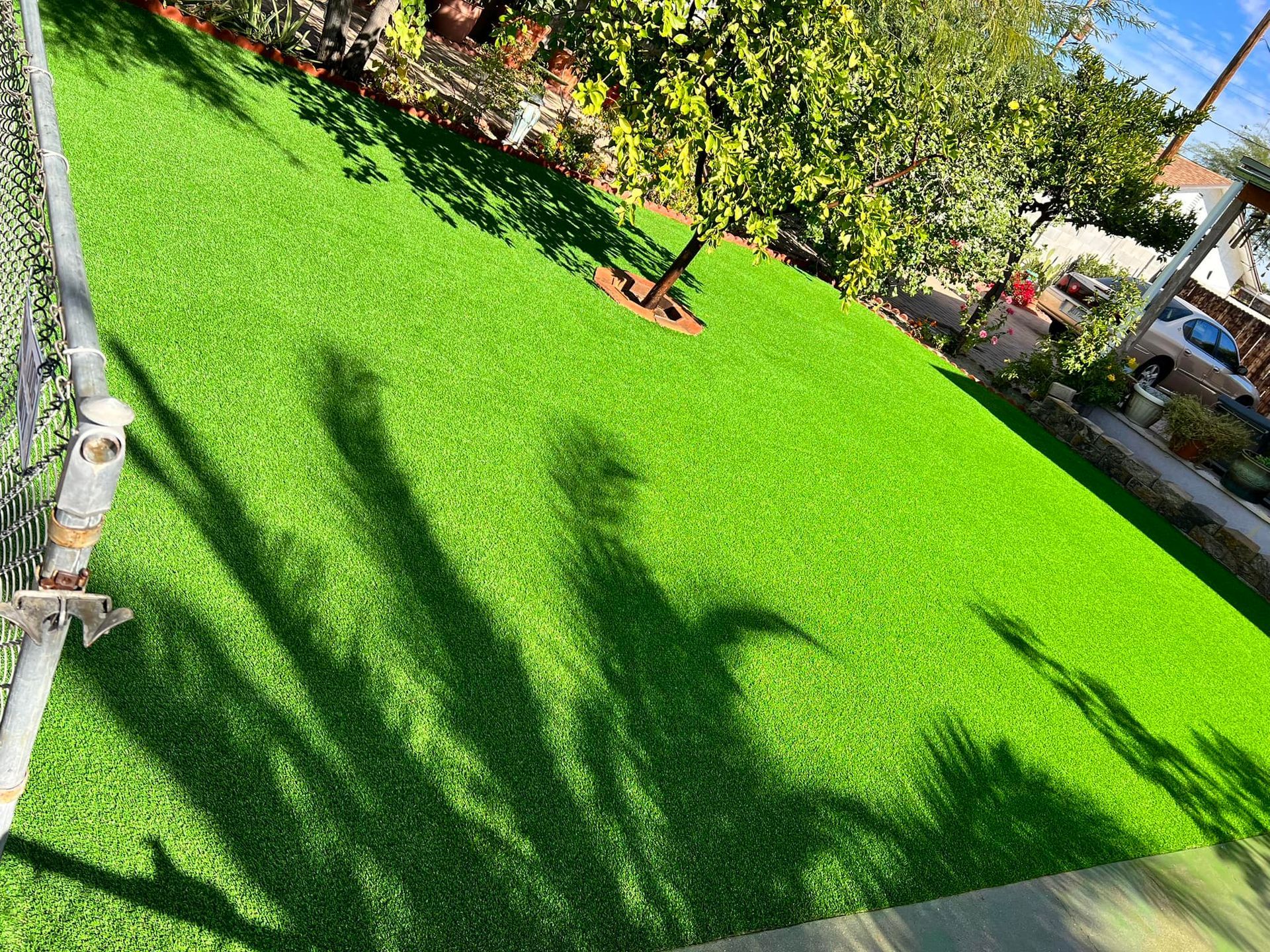 A vibrant green artificial turf lawn in a residential backyard, cast with shadows from nearby trees and a chain-link fence.