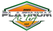 Logo for Platinum Az Turf LLC 2023 with text centered on an orange and metallic geometric background.