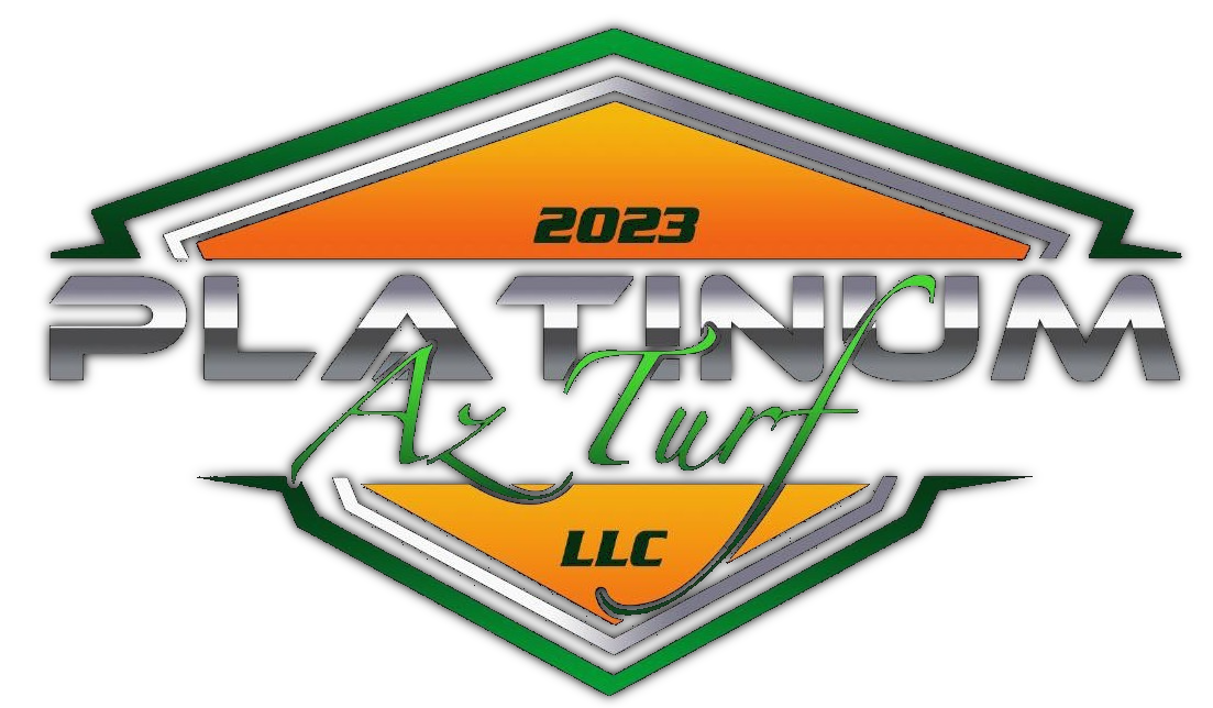 Logo for Platinum Az Turf LLC 2023 with text centered on an orange and metallic geometric background.