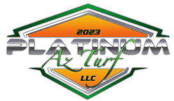 Logo for Platinum Az Turf LLC 2023 with text centered on an orange and metallic geometric background.
