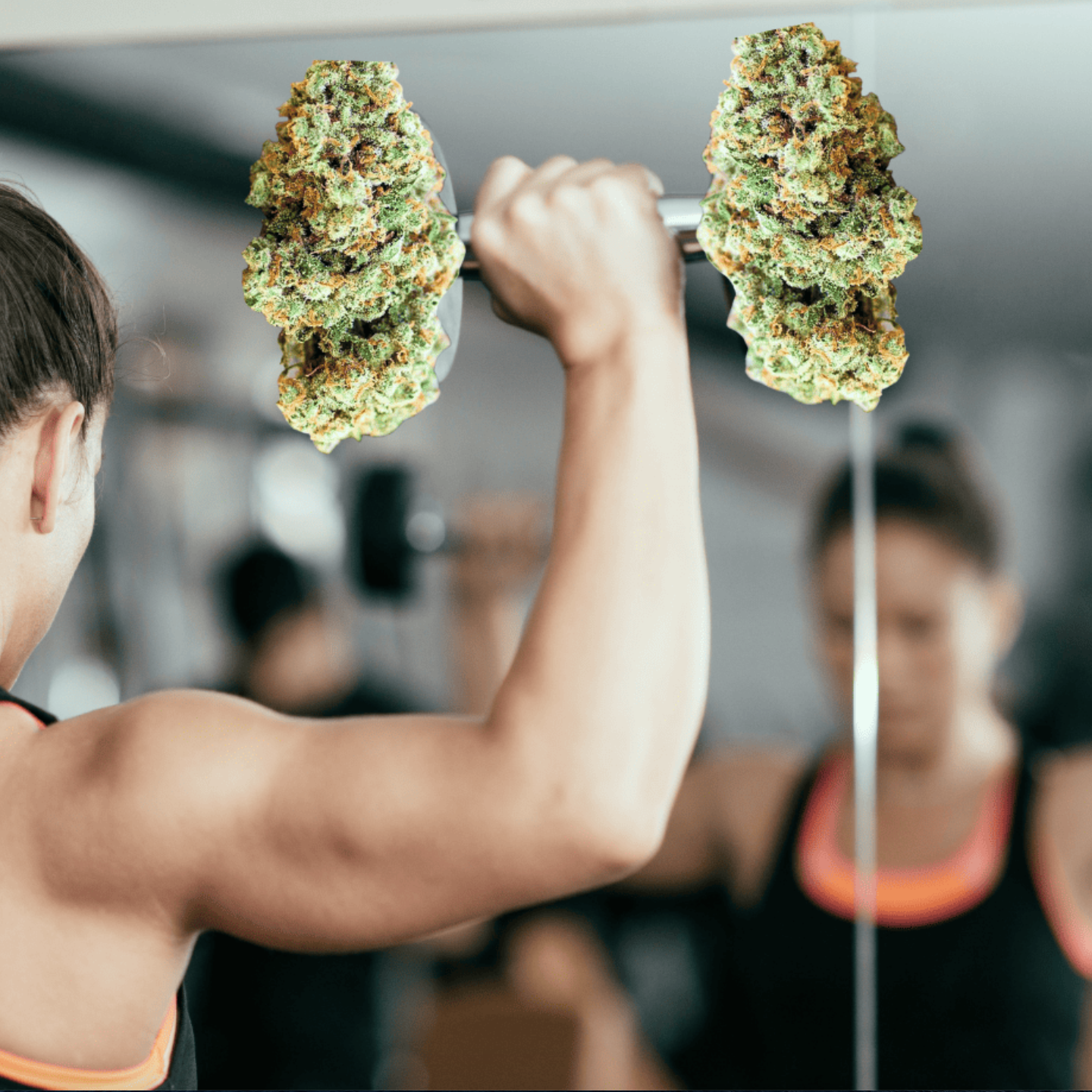 A woman is lifting a dumbbell of cannabis in front of a mirror