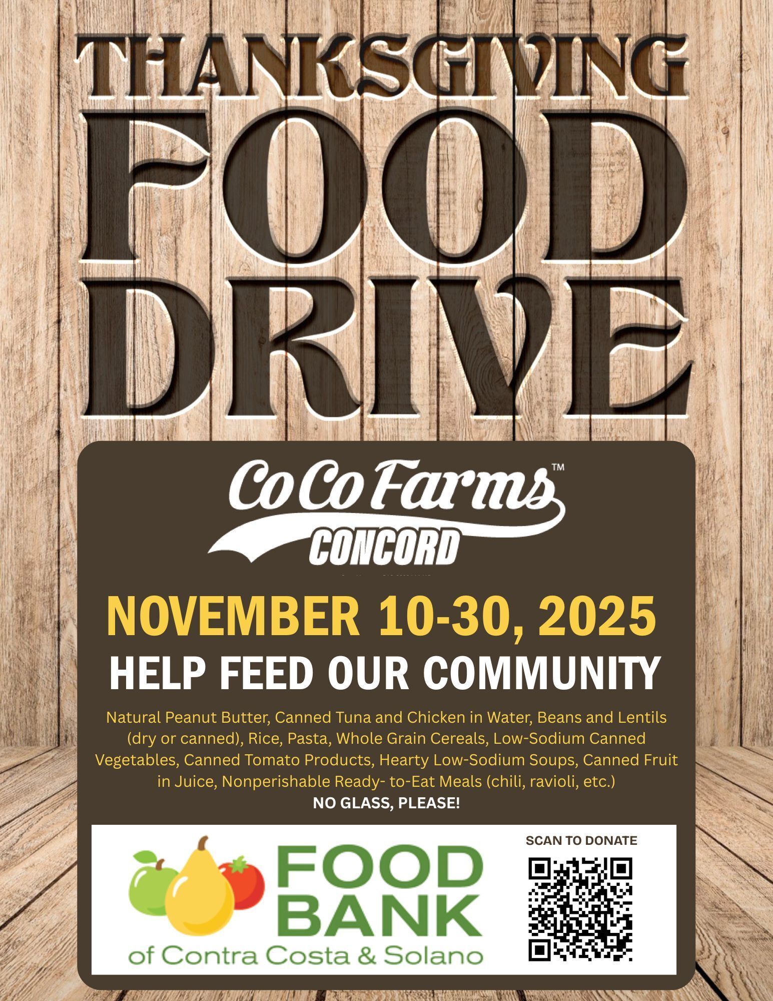 Thanksgiving Food Drive at CoCo Farms Concord. Accepting Donations November 10th through November 30th