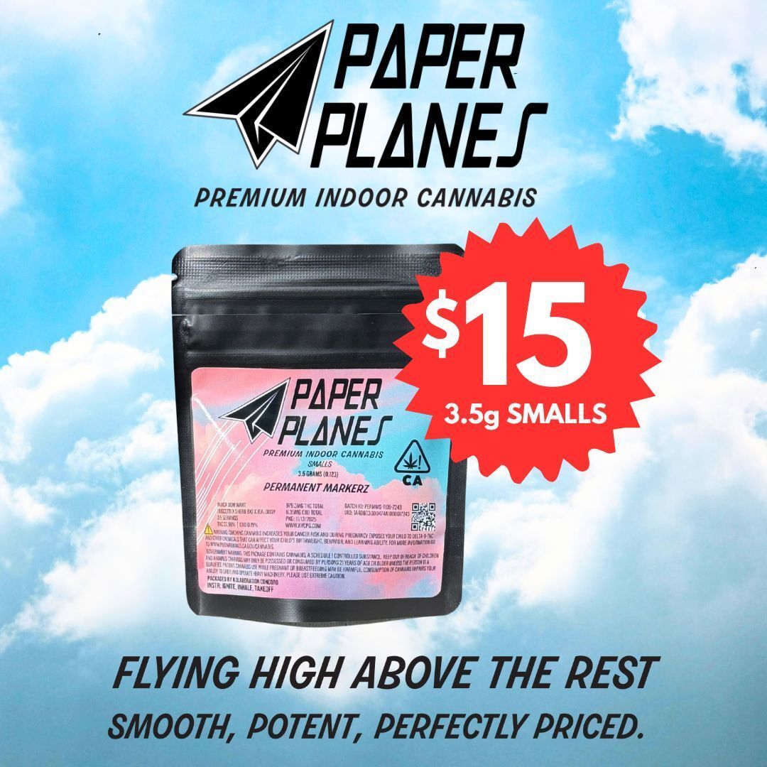 Premium indoor flower smalls by Paper Planes is now on sale! Only $15 for 3.5g! Sale is available at CoCo Farms, Vtown Farms, Del Rey Farms, Valley Farms, and Rio Vista Farms. 