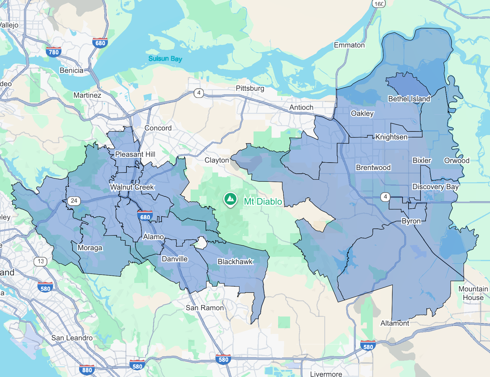 Delivery map. We currently deliver to the following zip codes:
Byron – 94514
Brentwood – 94513
Discovery Bay – 94505
Knightsen – 94548
Walnut Creek - 94595, 94596, 94597, 94598
Pleasant Hill - 94523
Antioch – 94531
Oakley – 94561
Bethel Island – 94511
Alamo - 94507
Danville - 94526
Lafayette - 94549
Orinda - 94563
Blackhawk - 94506
Moraga - 94556