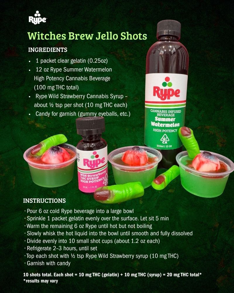 Recipe for Witches Brew Jello Shots made with your favorite Rype drink! Recipe yields 10 shots total with each shot around 20 mg THC. Results may vary.