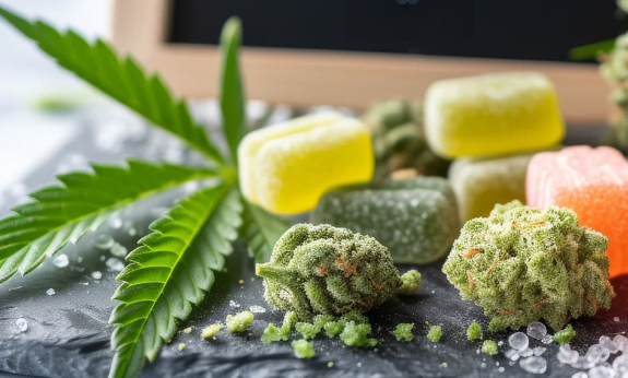 A picture of premium gummy edibles, and sticky cannabis buds, with a cannabis leaf.