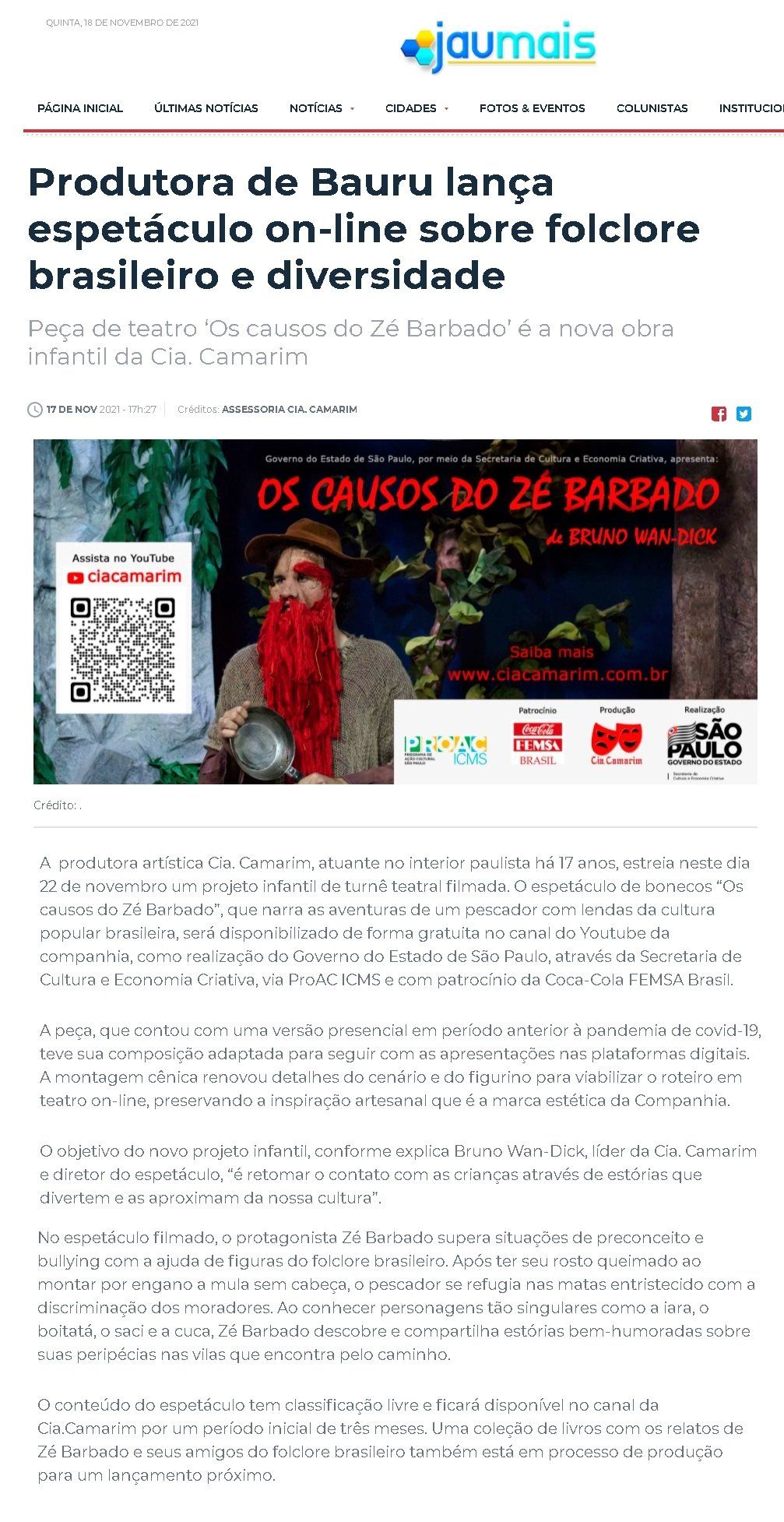 Reportagem, “Os causos do Zé Barbado”, sobre folclore brasileiro, estreia no YouTube. 