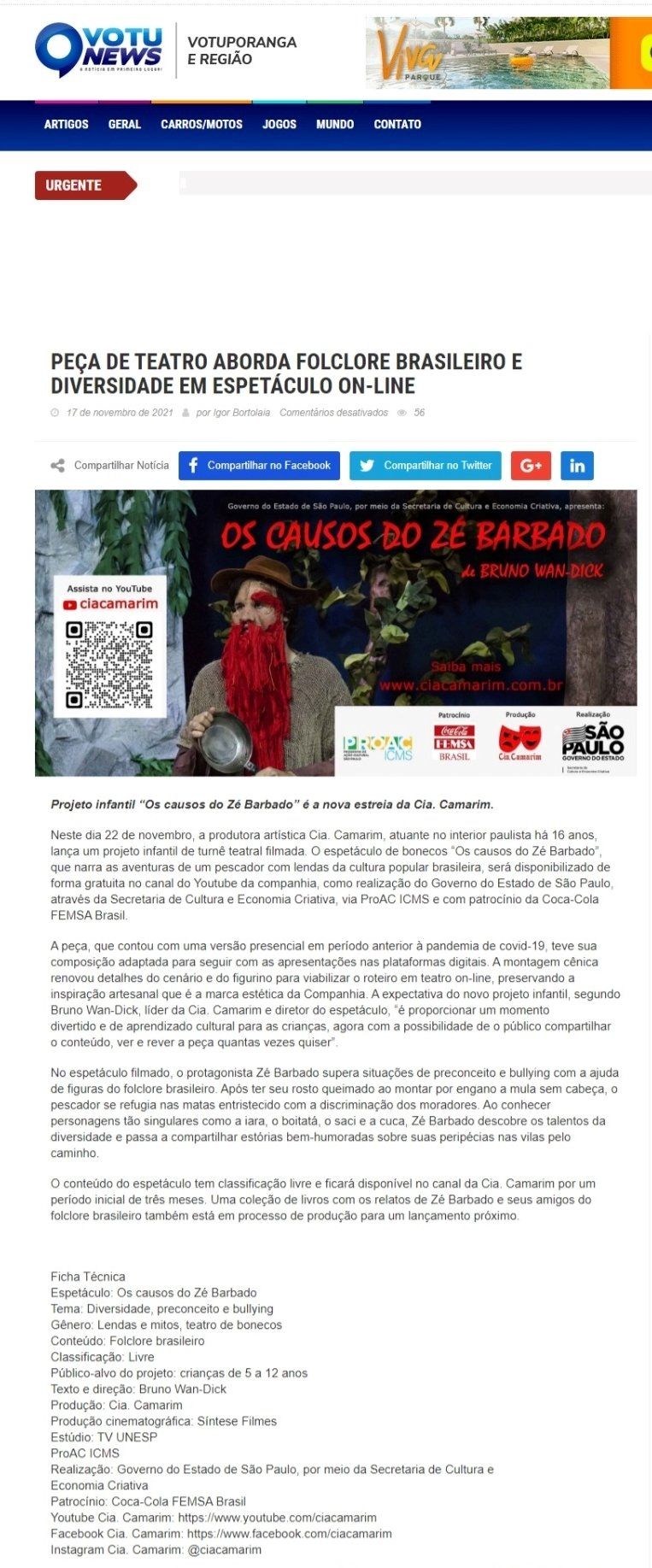 Reportagem, “Os causos do Zé Barbado”, sobre folclore brasileiro, estreia no YouTube. 