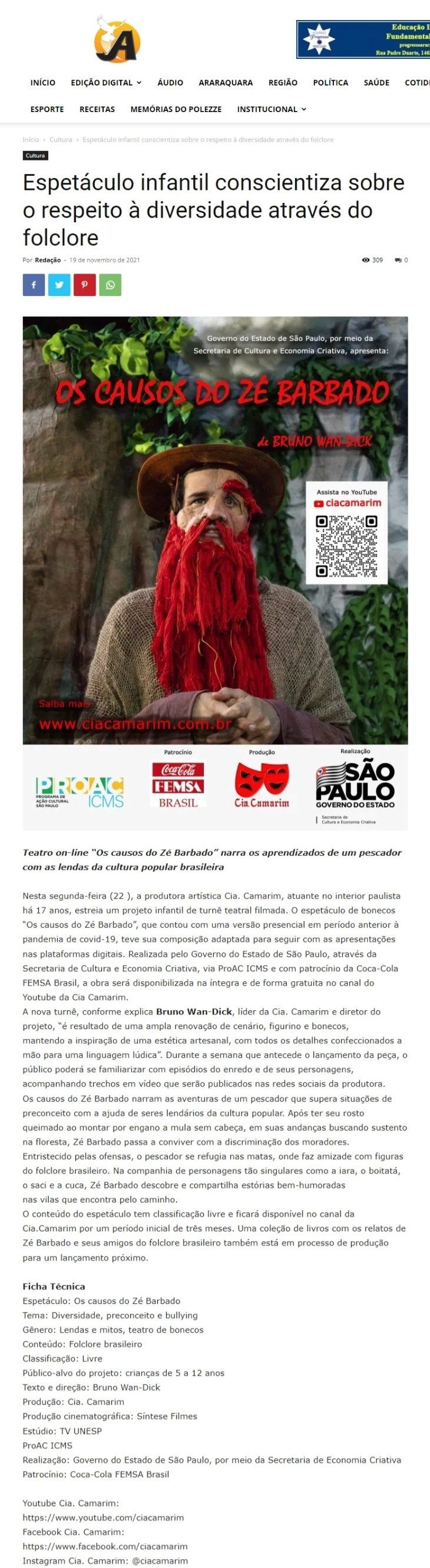 Reportagem, “Os causos do Zé Barbado”, sobre folclore brasileiro, estreia no YouTube. 