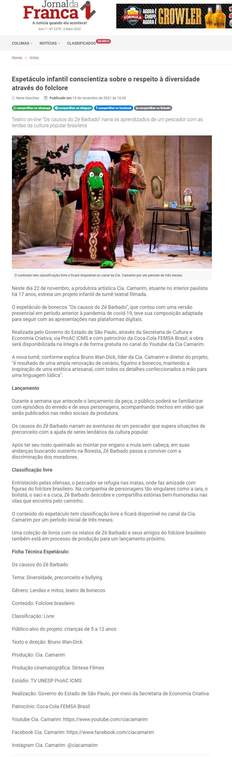 Reportagem, “Os causos do Zé Barbado”, sobre folclore brasileiro, estreia no YouTube. 