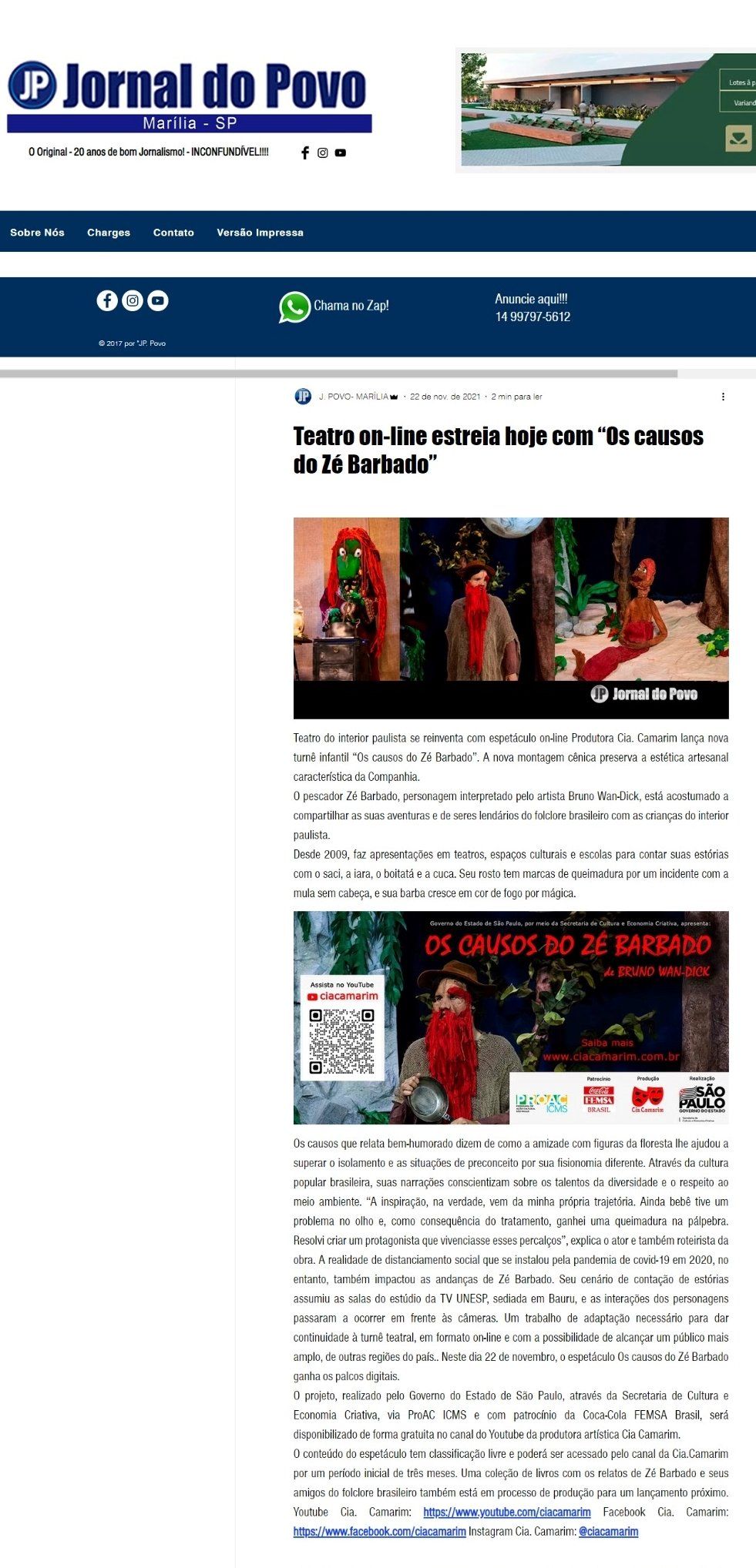 Reportagem, “Os causos do Zé Barbado”, sobre folclore brasileiro, estreia no YouTube. 