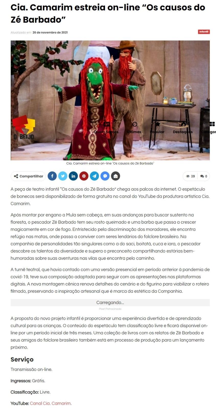 Reportagem, “Os causos do Zé Barbado”, sobre folclore brasileiro, estreia no YouTube. 