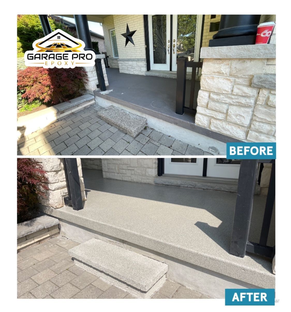A before and after picture of a porch and steps.