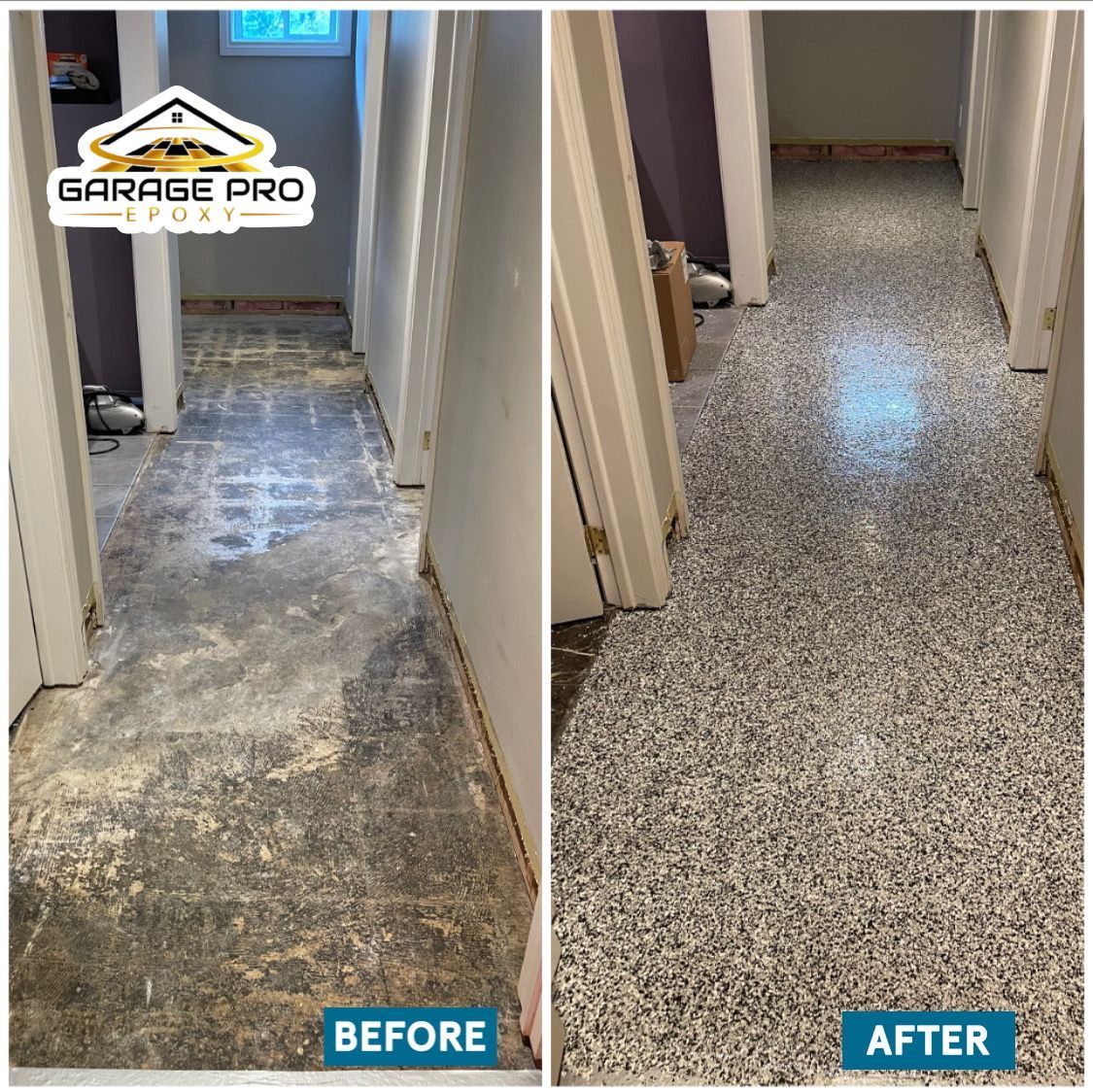 A before and after photo of a garage floor.