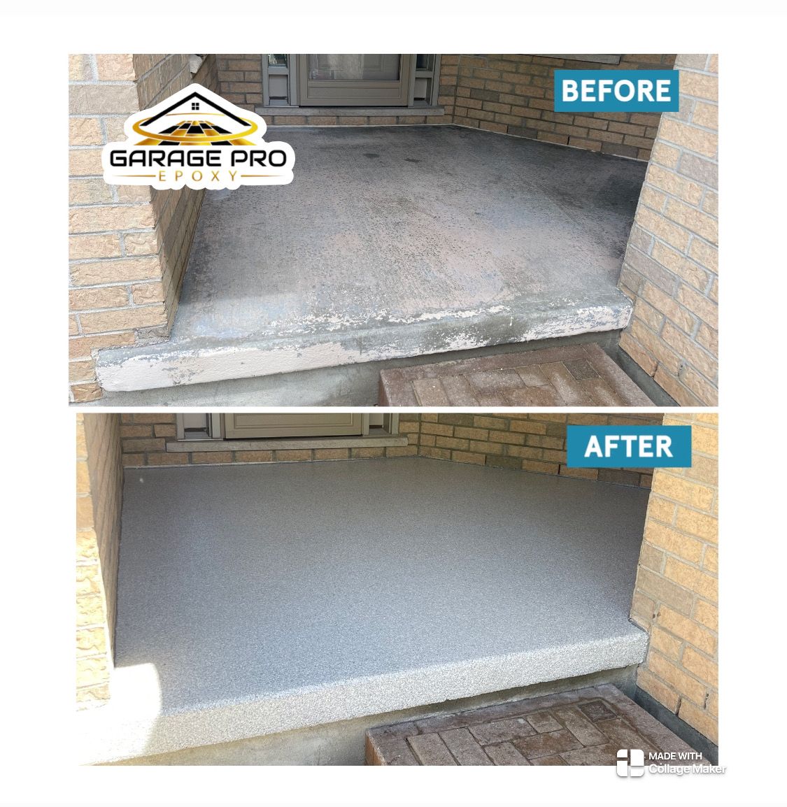 A before and after photo of a concrete porch.