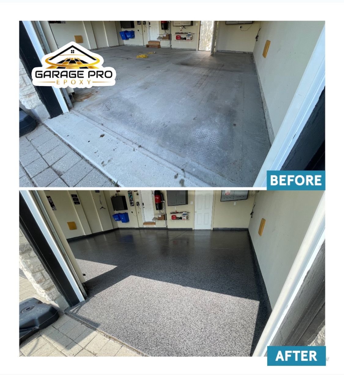 A before and after photo of a garage floor.
