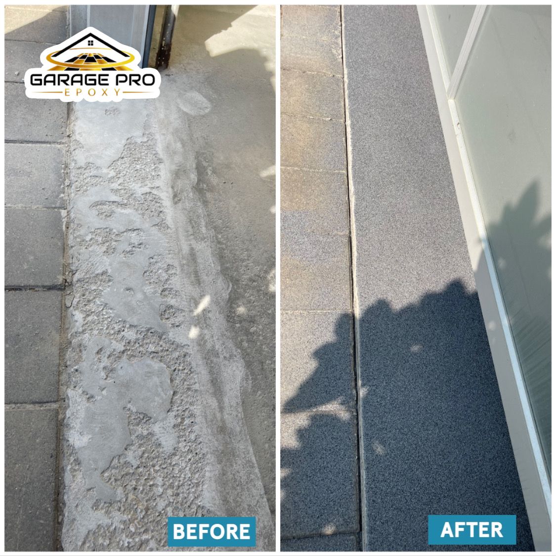 A before and after photo of a concrete sidewalk.