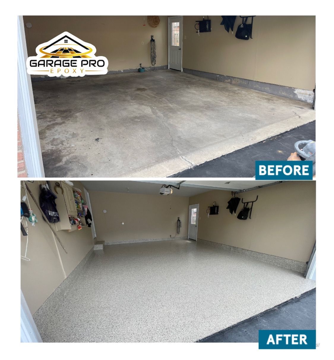 A before and after photo of a garage with a concrete floor.