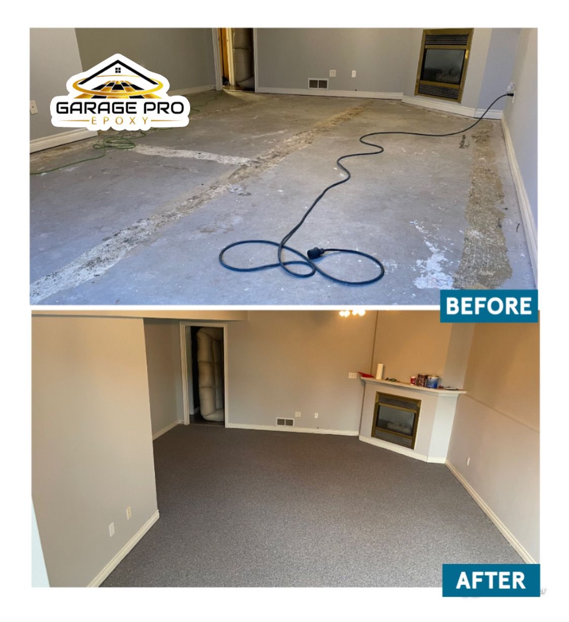 A before and after photo of a living room with a fireplace.