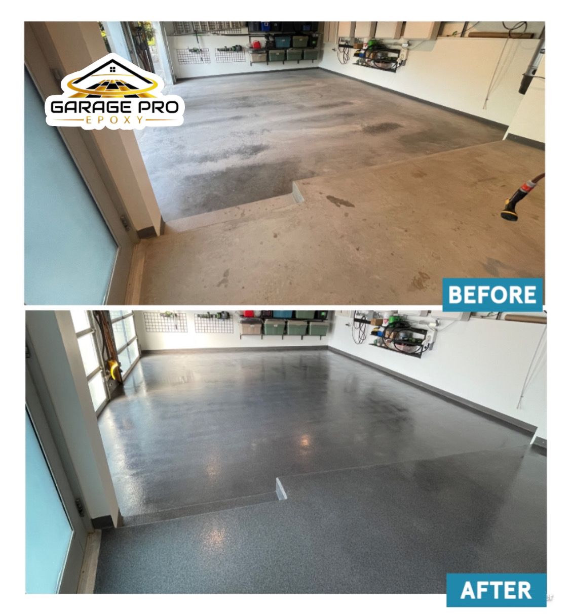 A before and after photo of a garage floor.
