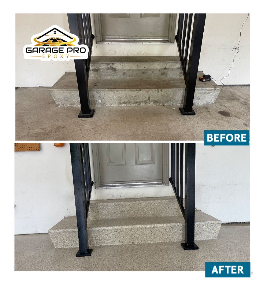 A before and after photo of a garage pro staircase