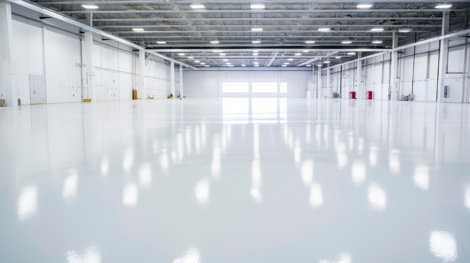 Empty, brightly lit white warehouse with reflective, polished floor.