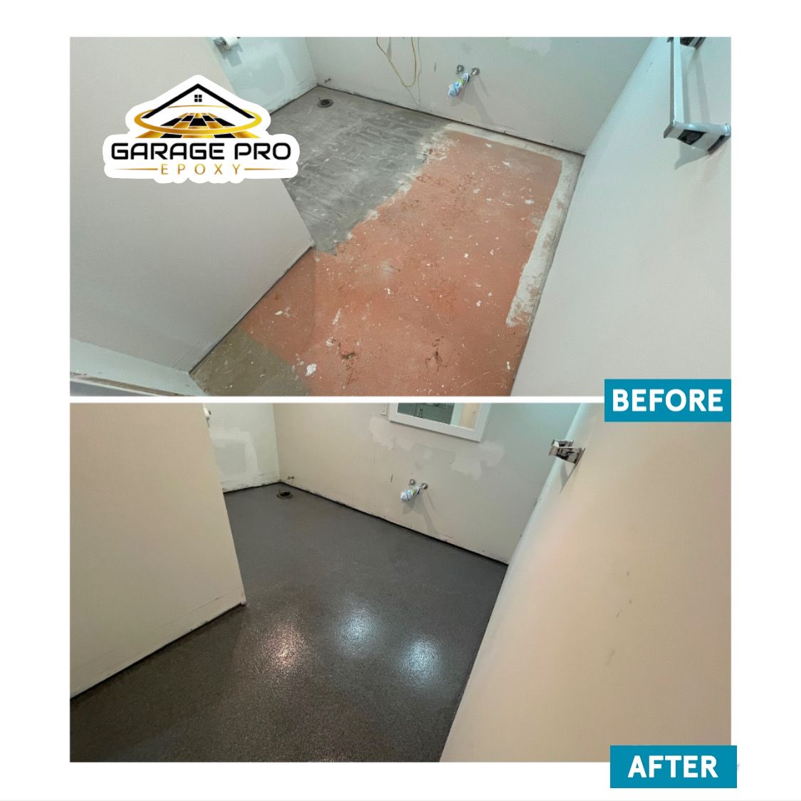 A before and after photo of a bathroom floor.