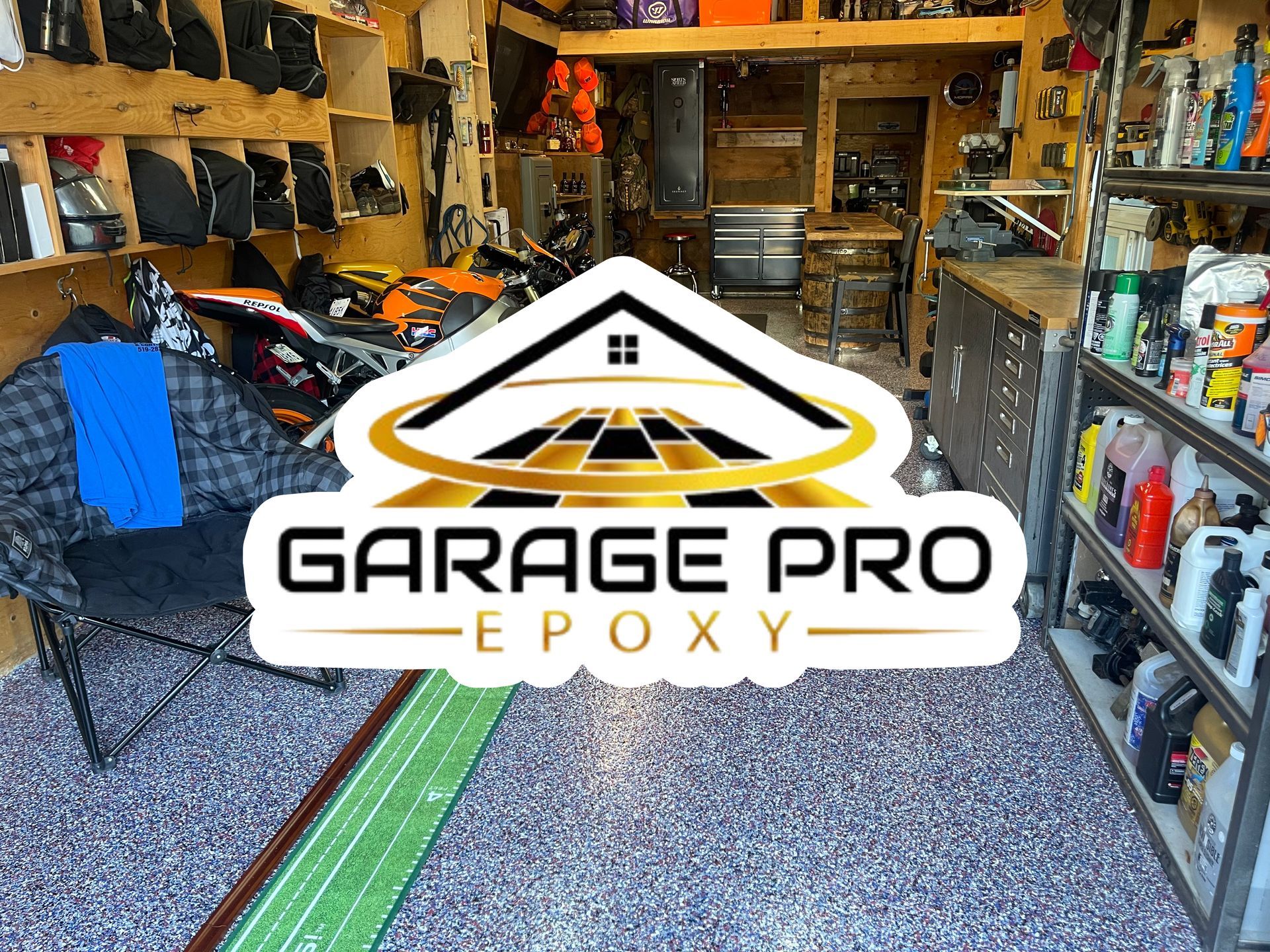 The logo for garage pro epoxy is on a picture of a garage.