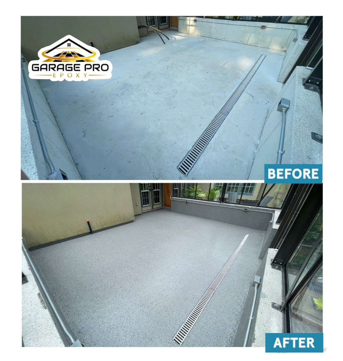 A before and after photo of a garage floor