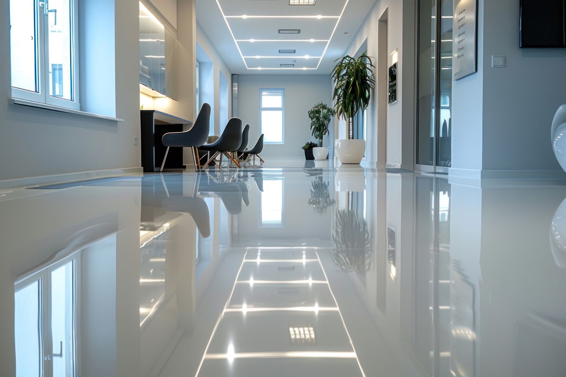 A long hallway with a shiny white floor and chairs.