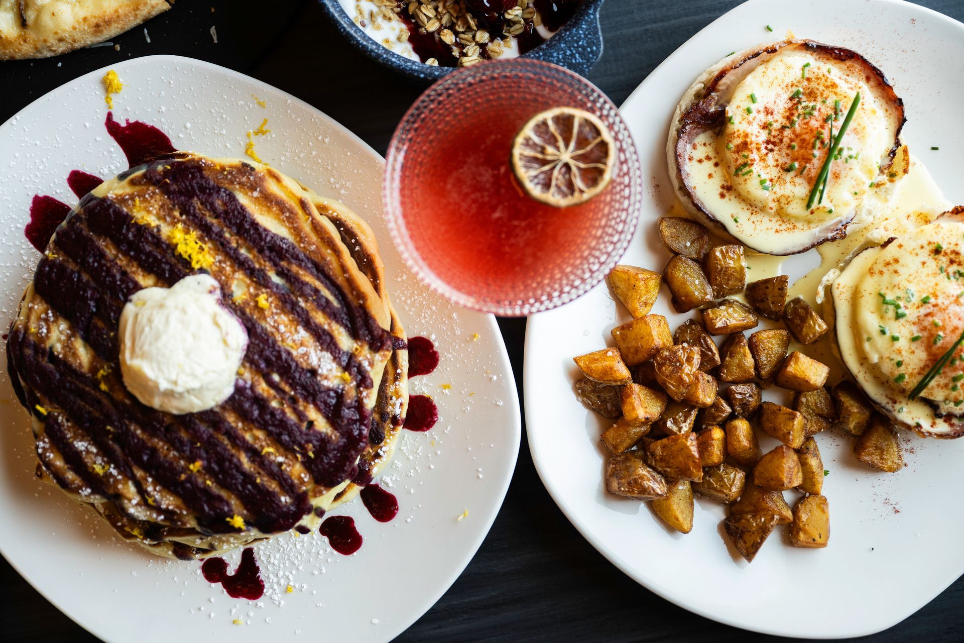 Lemon Ricotta Pancakes and eggs Benedict
