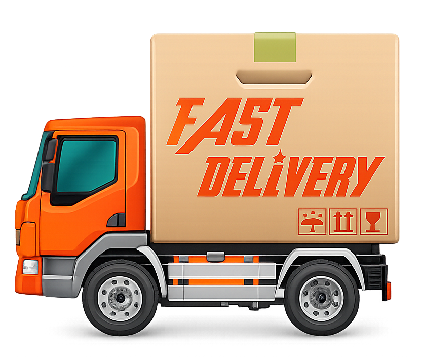 Due figure stilizzate caricano scatole su un camion bianco per traslochi; una usa un carrello a mano.