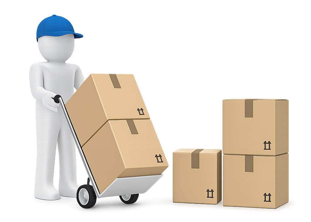 Due figure stilizzate caricano scatole su un camion bianco per traslochi; una usa un carrello a mano.