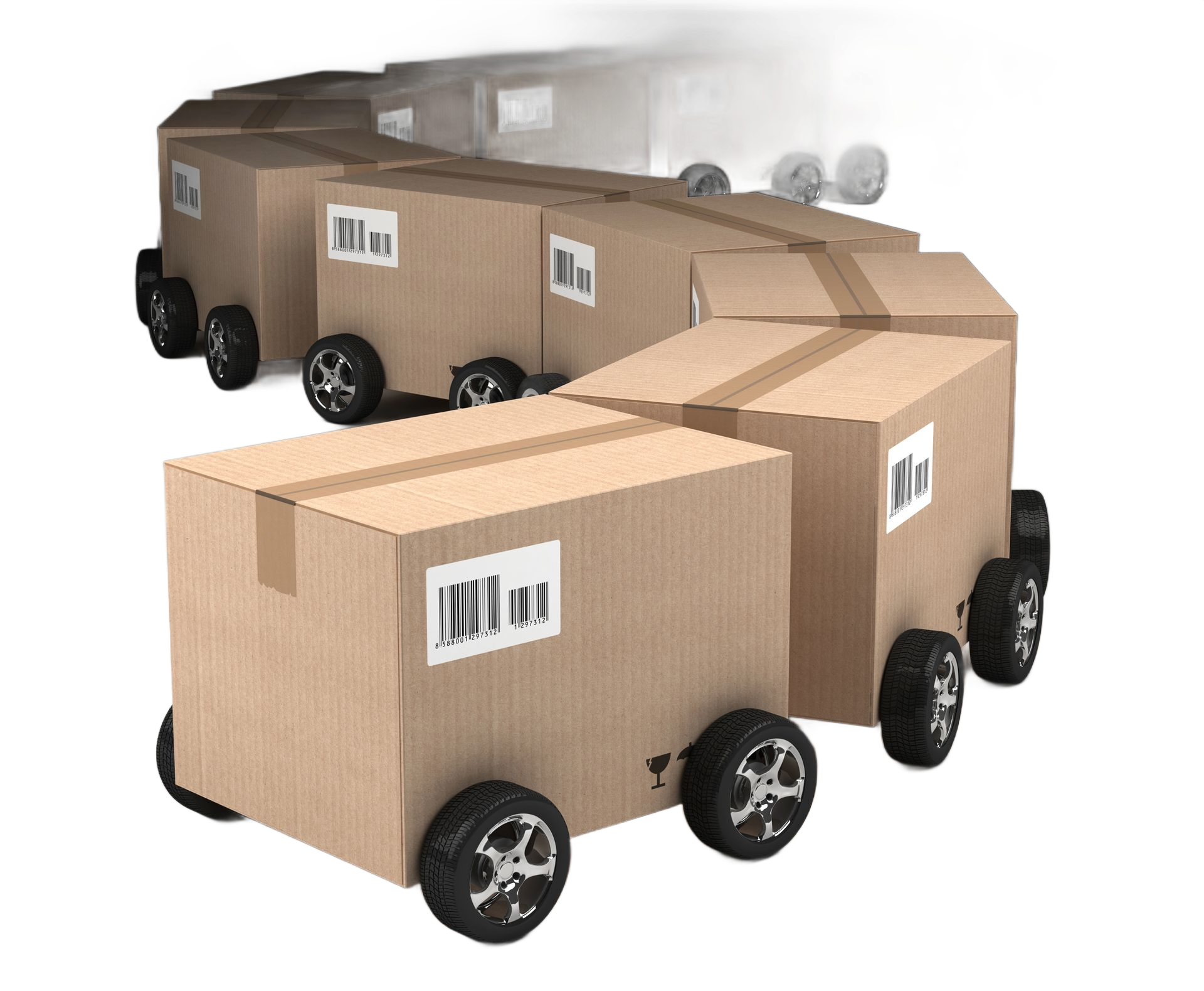 Due figure stilizzate caricano scatole su un camion bianco per traslochi; una usa un carrello a mano.