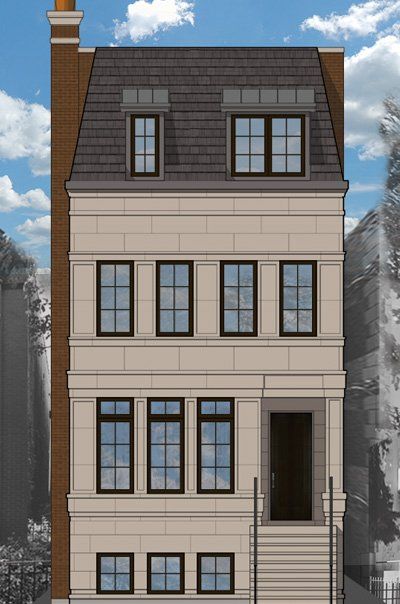 A drawing of a building with a chimney on top