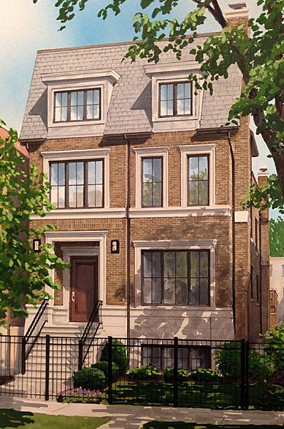 An artist 's impression of a brick house with a gray roof