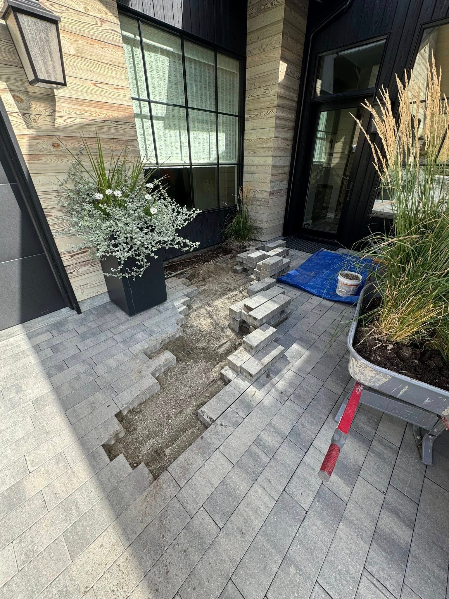 Patio pavers being repaired; gray stone, bricks removed. Plants in pots. Blue tarp.