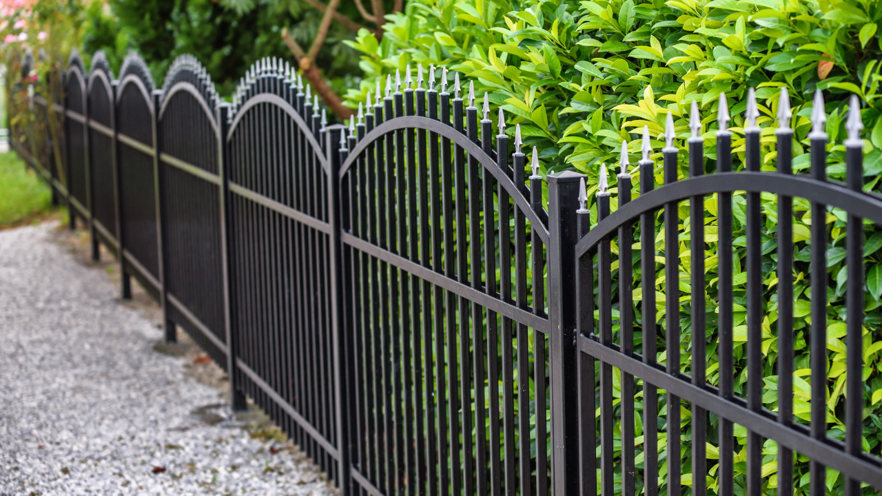Black wrought iron fence with arched top and spiked posts, bordering a walkway and greenery.